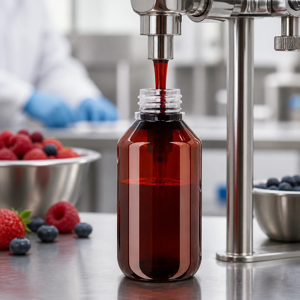 100 ml PET medicijnfles met wit dispenserpomp, standaard Pharmagerechte Abfüllung roter Flüssigkeit in 100ml PET Flasche mit weisser Dispenserpumpe