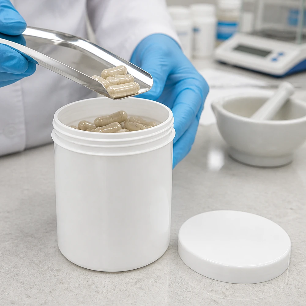 Witte zalfpot van 20 g, PP, met schroefdeksel in de farmaceutische productie
