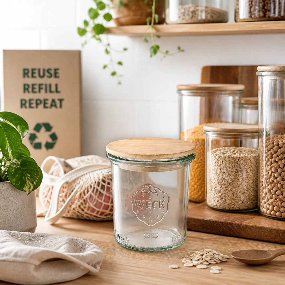 140ml stortglas WECK RR60 met hout deksel WECK 140ml RR60 houten dekselpot in duurzame zero-waste keuken met voorraadpotten en recyclelogo