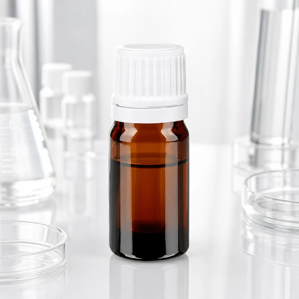Bruine glazen flesje van 5 ml met een witte schroefdop voor medicinale druppels