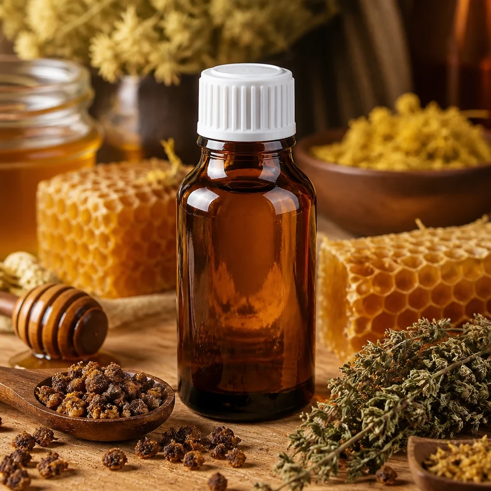Bruine glazen fles 15ml met wit schroefsluiting St Bruin glazen flesje van 15 ml met witte schroefdop voor propolis en natuurlijke geneesmiddelen