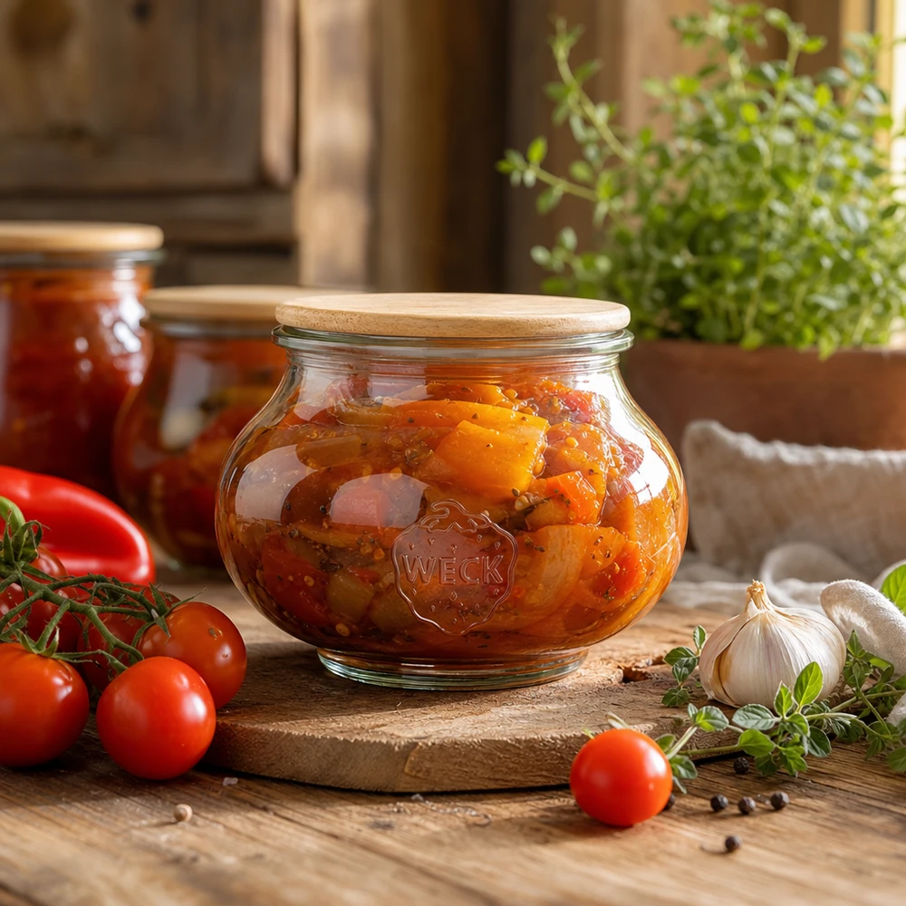 560ml juwelenglas WECK RR80 met hout deksel WECK voorraadpot 560ml met houten deksel gevuld met tomatenspread in een rustieke keuken met verse ingrediënten
