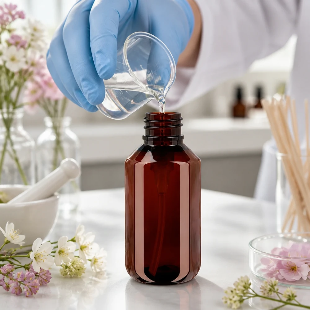 100 ml PET medicijnfles met wit dispenserpomp, standaard Lichtschutzflasche 100ml PET mit weisser Pumpe geeignet für empfindliche Kosmetikformulierungen