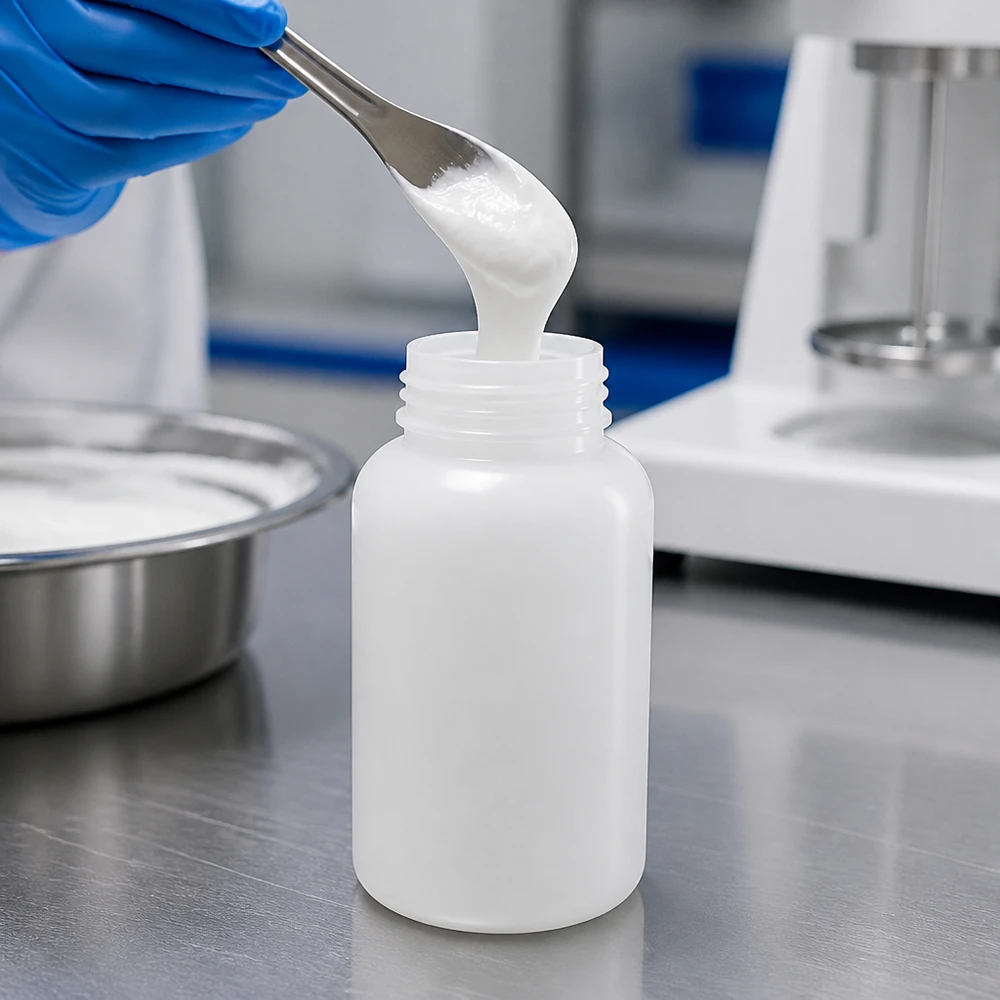 Wijde hals laboratoriumfles 500ml zonder sluiting Het vullen van een laboratoriumfles van 500 ml met witte pasta naast een roestvrijstalen schaal en een analyseweegschaal