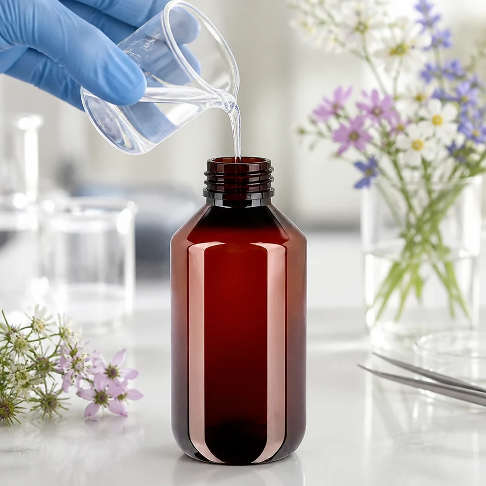 Compacte ronde PET-fles van 200 ml met rode OV-sluiting en schroefdop voor laboratoriumtoepassingen