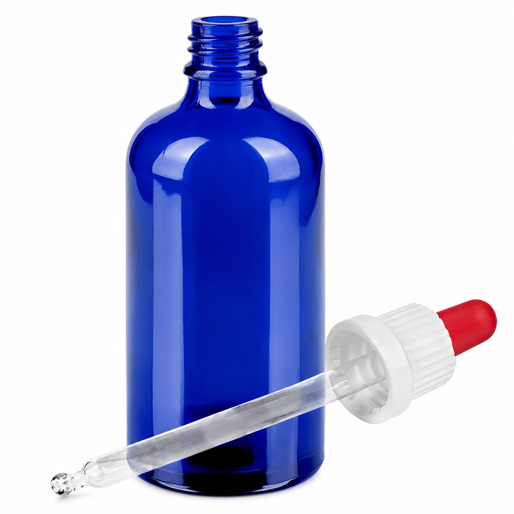 100ml pipetfles wit/rood OV BlueLine UT18/100 Blauwe glazen fles 100ml met ergonomische pipet voor het gecontroleerd doseren van vloeistoffen