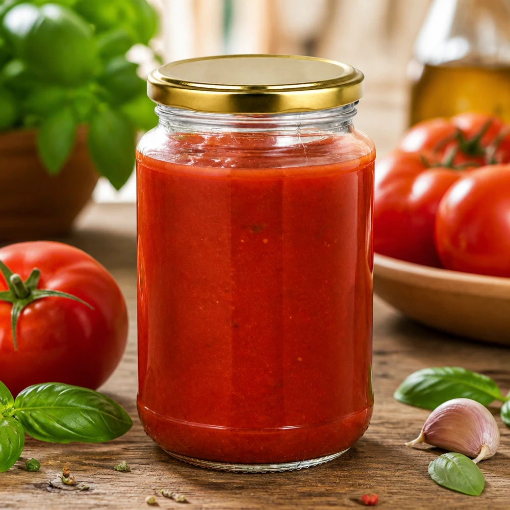 UNiTWIST-glazen pot van 320 ml, geschikt voor levensmiddelen, met een gouden BasicSeal-deksel voor sauzen en chutneys