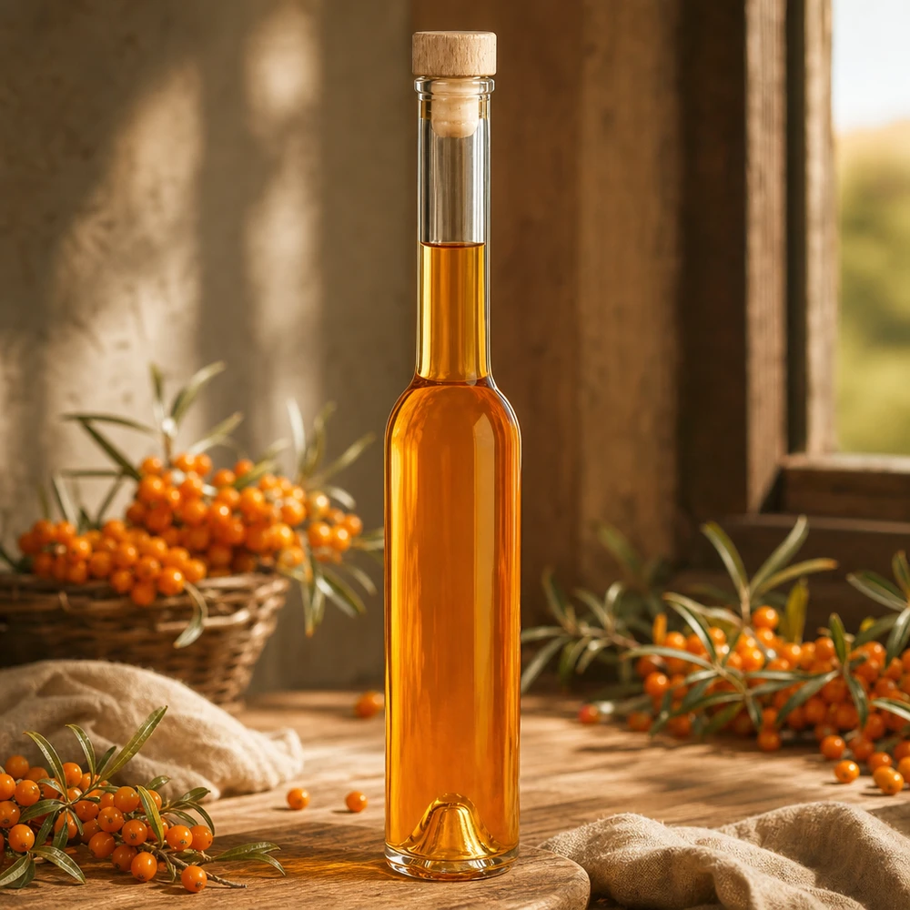 200 ml glazen fles Hugo met houten handgreepkurk UNiTWIST® Hugo glazen fles van 200 ml met duindoornolie en verse duindoornbessen in een natuurlijke houten setting met linnen decoratie