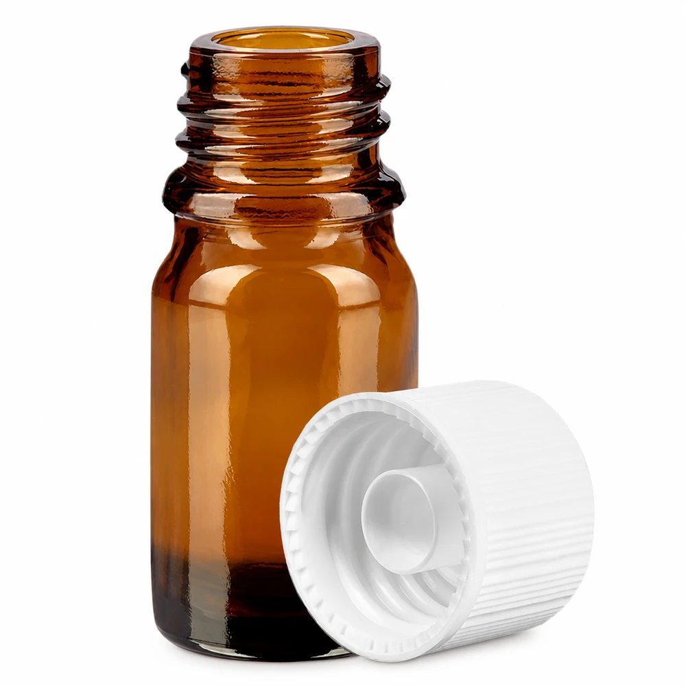 5 ml amberkleurig glazen flesje met 11 mm schroefdraad en witte dop voor UV-bescherming van gevoelige stoffen
