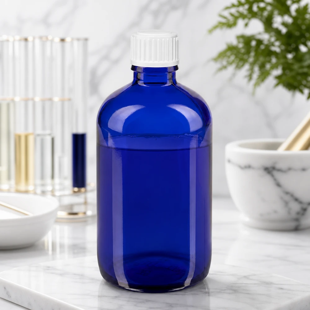 Farmaceutische druppelfles van 100 ml, blauw, met kindveilige sluiting voor homeopathische middelen