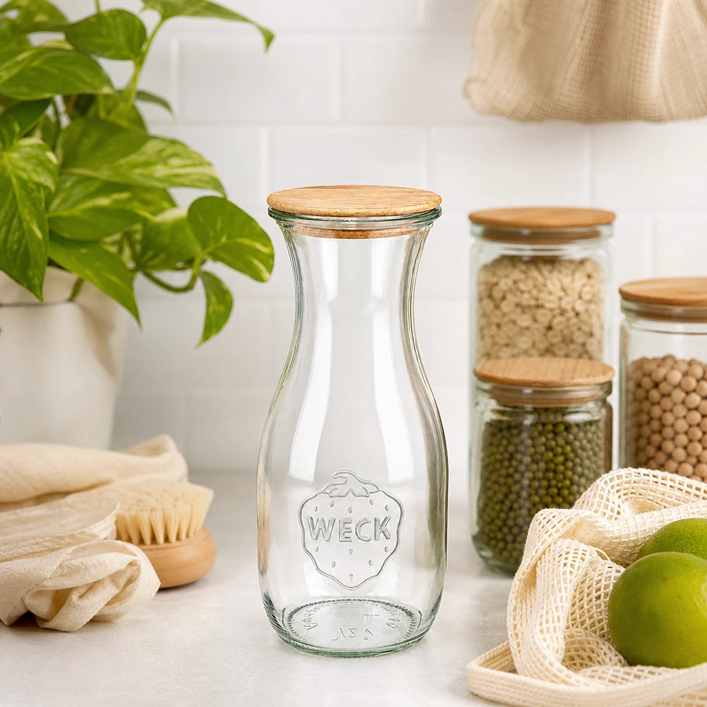WECK sapfles 530ml RR60 met houten deksel in duurzame zero-waste keuken naast biologische producten en planten
