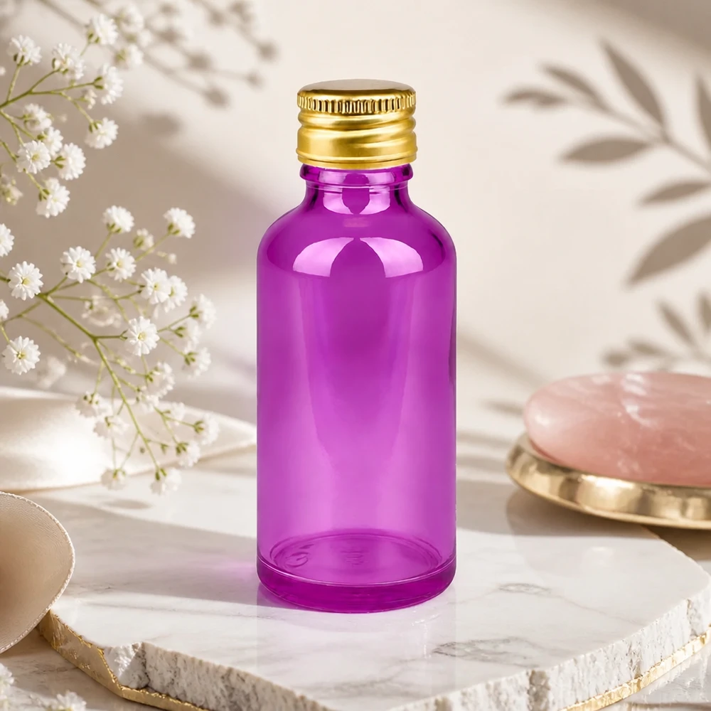 50ml flacon 11mm schroefdop aluminium gouden standaard PurpleLine. UT18/50 Handig 50ml violet glazen flesje met UT18 schroefdraad perfect voor reisverpakkingen en monstersets