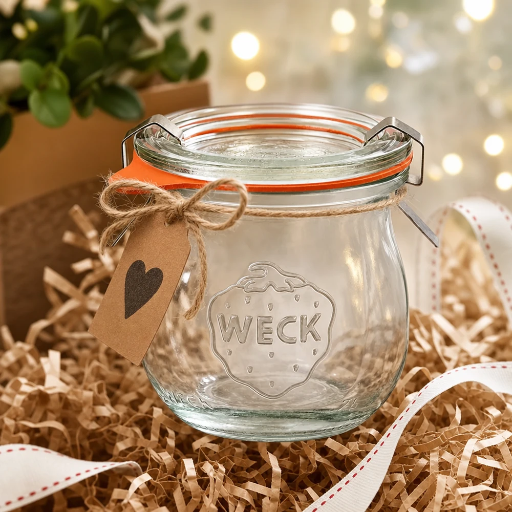 WECK tulpenpot 75ml RR40 als cadeau-idee decoratief verpakt met een hartenhanger en cadeaulint in een feestelijke sfeer