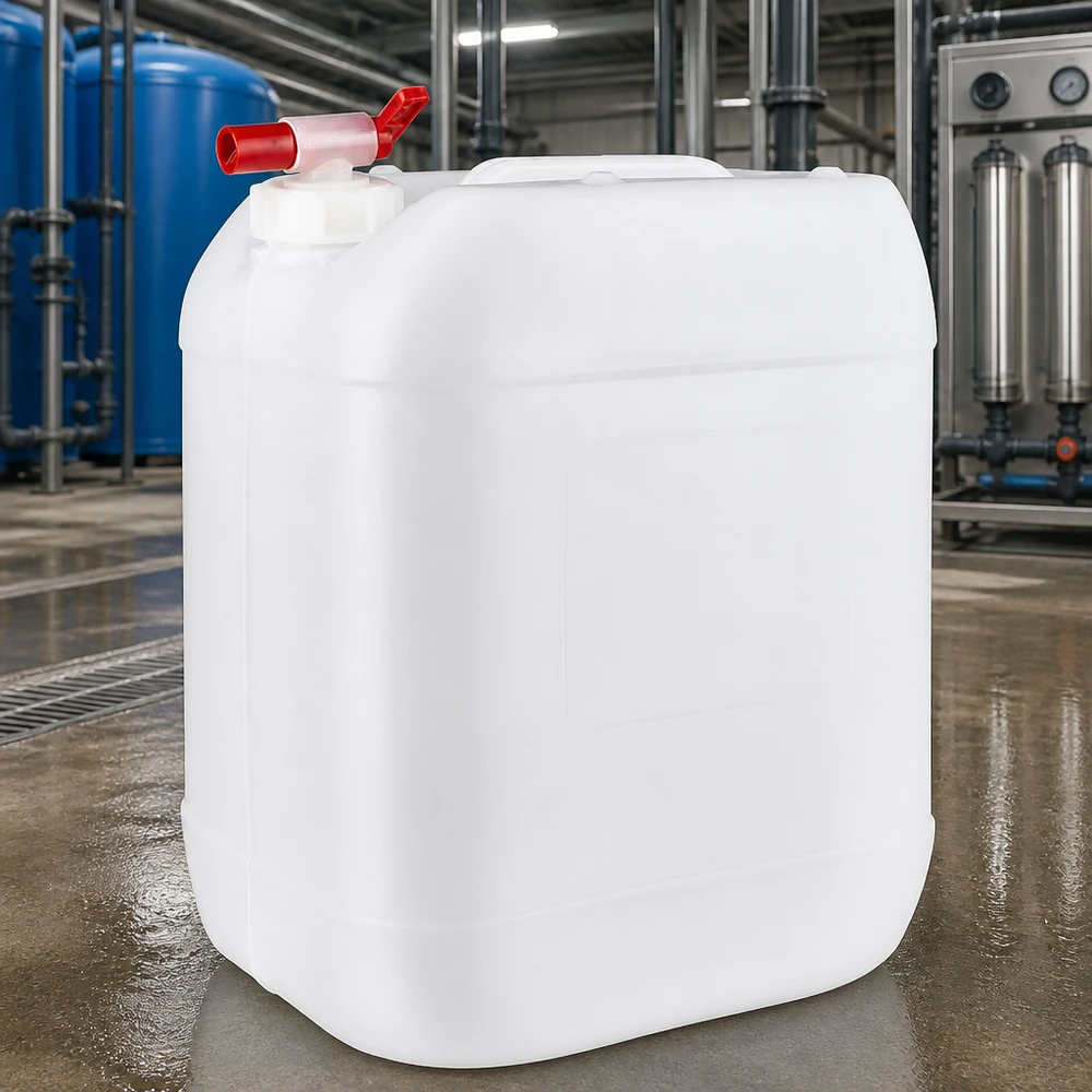 Melkwitte voorraadkan van 20 liter met rode aftapkraan op een natte betonnen vloer