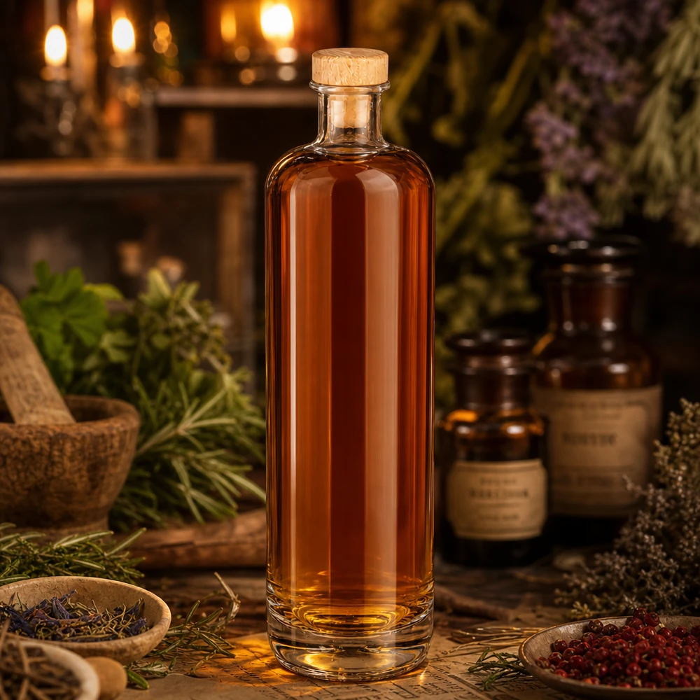 700 ml glazen fles Ella met houten handgreepkurk UNiTWIST® 700 ml Ella glazen fles met amberkleurige inhoud en houten kurk in een rustieke kruidenapothekerssfeer