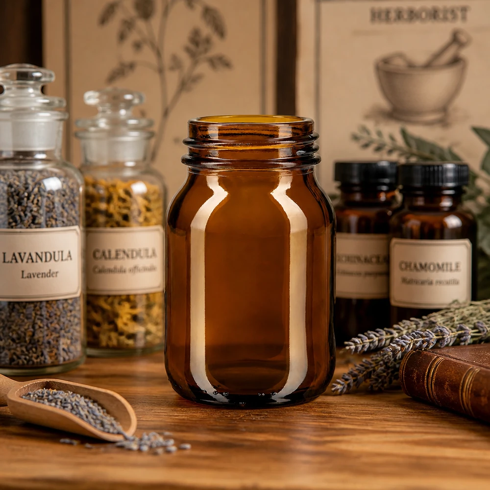 Lege 75 ml fles met brede hals in amberkleurig glas met praktische DIN 40-schroefdraadopening