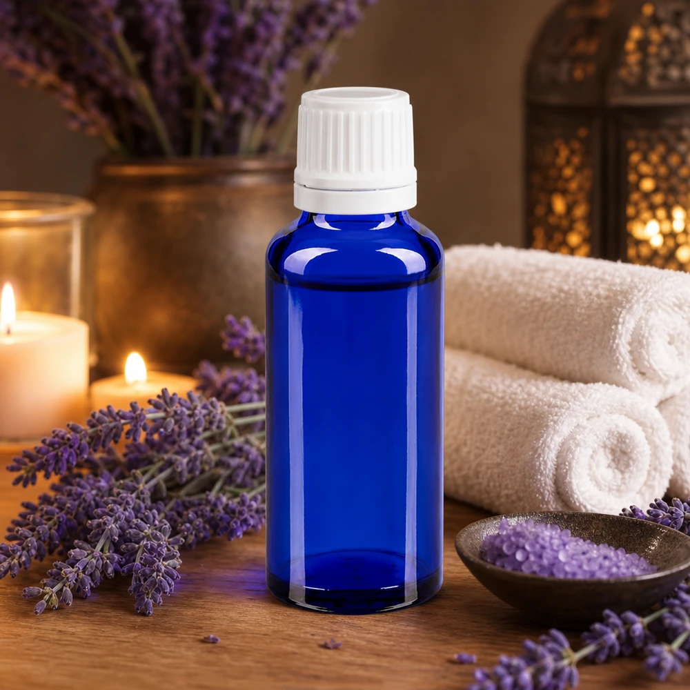 Kleine blauwe doseerfles van 30 ml van apothekersglas met een veilige witte schroefdop