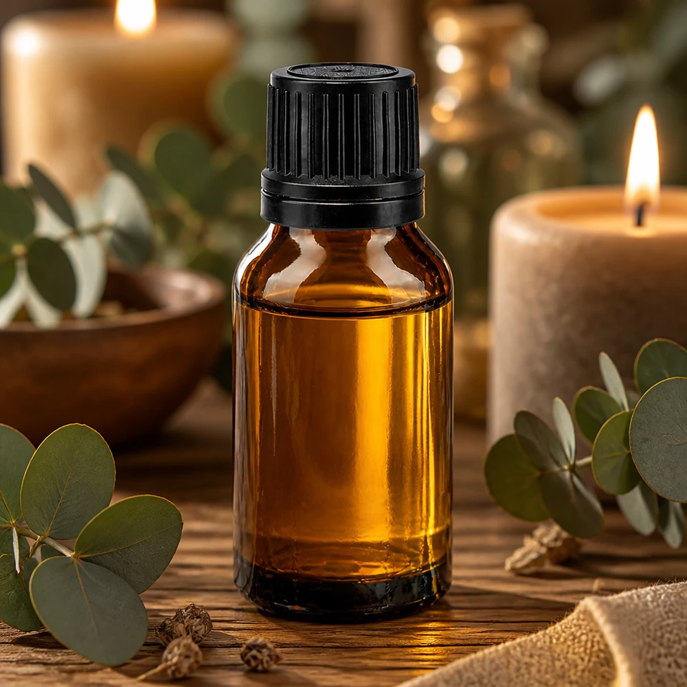 Bruine glazen fles 15ml met zwart schroefsluiting uitgietring VR Compacte bruine glazen fles van 15 ml met een zwarte kunststof dop en doseerhulp