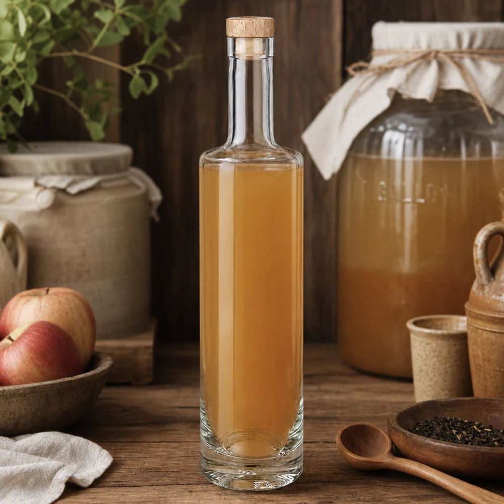 500ml glazen fles Lina met houten kurk gevuld met appellikeur rustieke keuken appelkruiden sfeer
