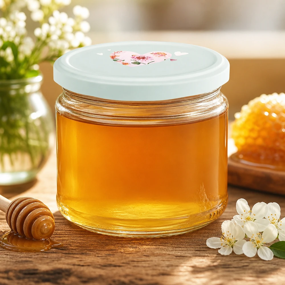 330ml ronde pot gevuld met honing BasicSeal deksel hartje motief mint honingpot jampot keuken decoratie bloemen