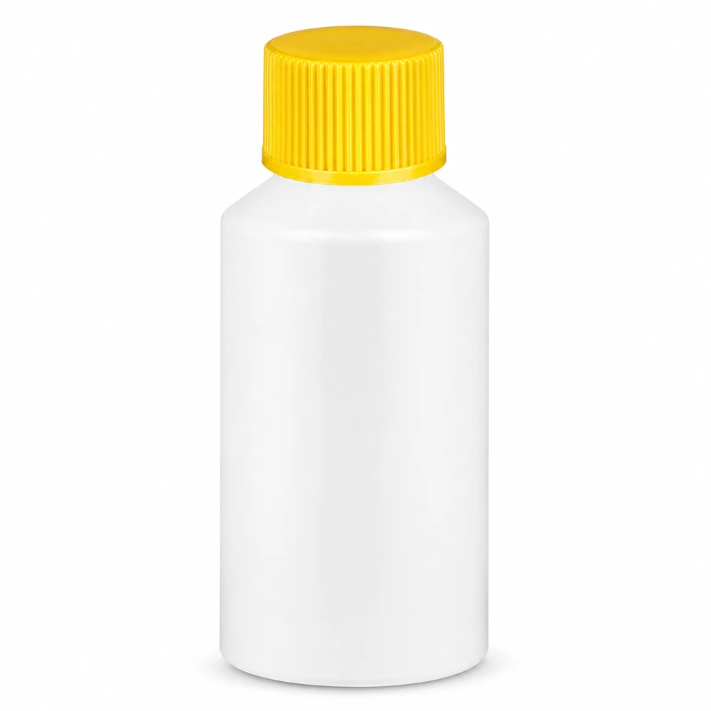 PET cilinderfles 50ml wit met schroefsluiting geel Apothekersflesje van voedselveilige HDPE-kunststof, 50 ml, wit met gele dop