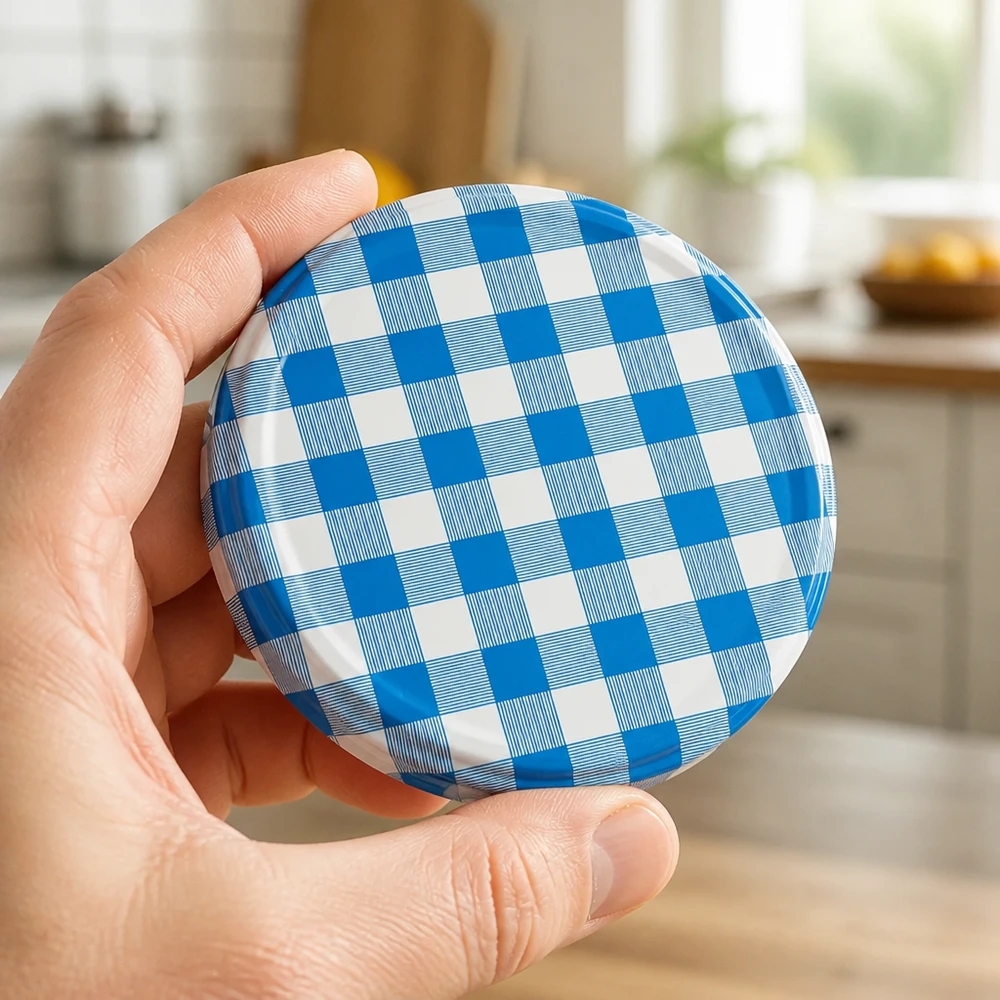 Twist-off-deksel ter grootte van een handpalm, 82 mm, ruitjespatroon, blauw-wit, geschikt voor levensmiddelen