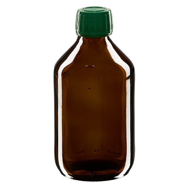 250ml Euro-medicijnfles bruin met groene schroefsluiting VR 250ml Euro-medicijnfles bruin met groene schroefsluiting VR
