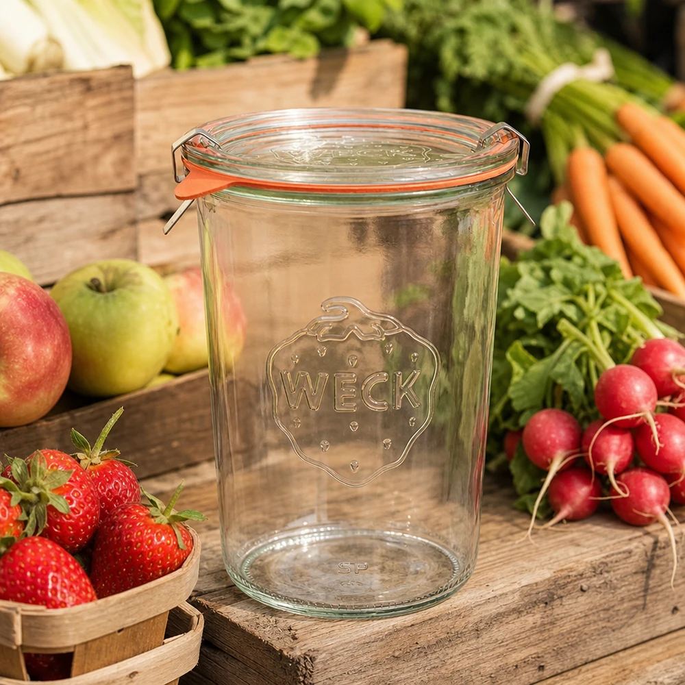 WECK RR100 inmaakpot 850ml met vers fruit en groenten op een rustieke houten tafel als keukenscène voor opslag