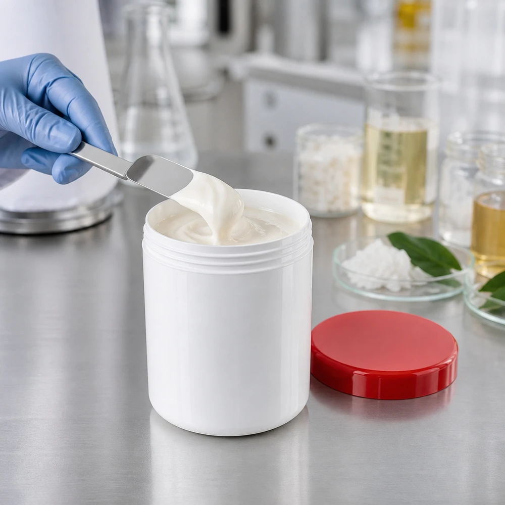 Breedhalsverpakking 250 g, wit met rode PP-schroefdop voor cosmetica en dermatologische producten