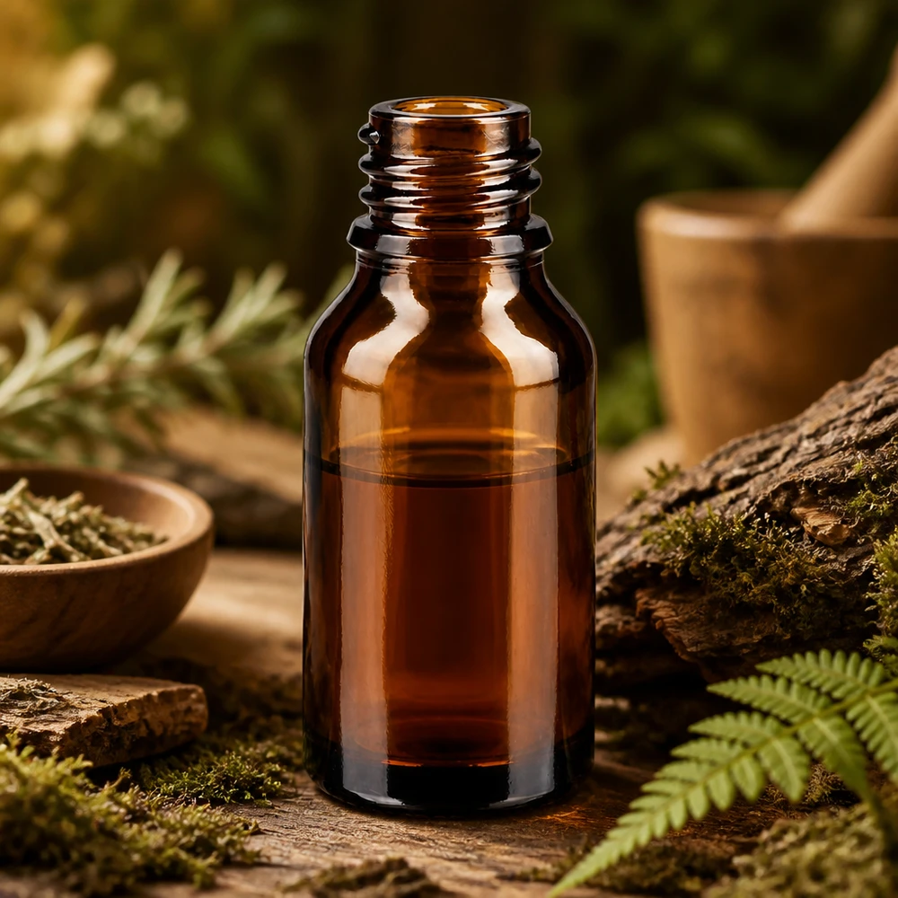 15ml bruine glazen fles ApoGlas in natuurlijk bosdecor met mosvaren en rustiek hout voor natuurgeneeskunde