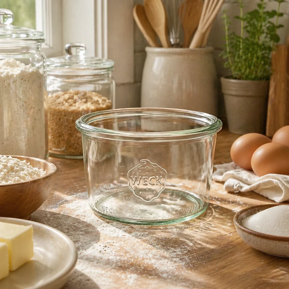 WECK 200ml RR80 glazen bekers in een rustieke keuken met bakingrediënten en keukengerei