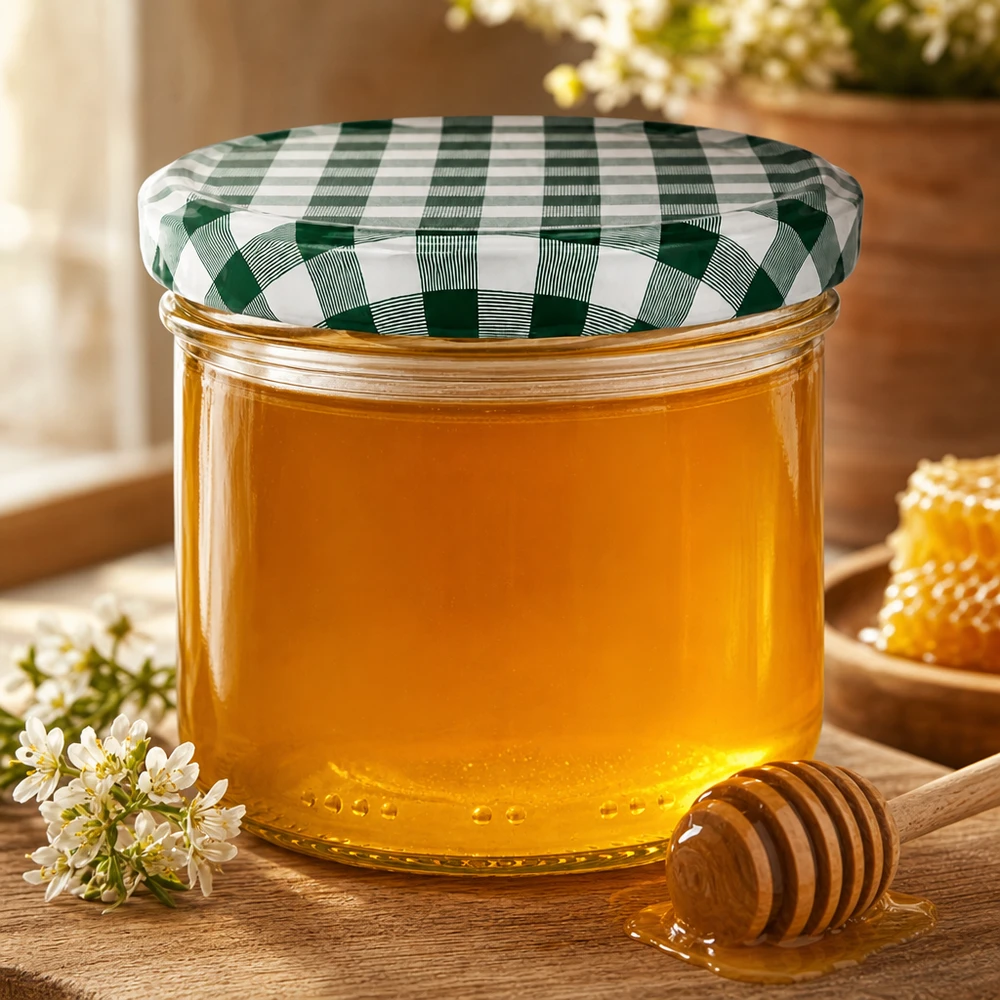230 ml honingpot met groen en wit geblokte BasicSeal dop, honinglepel en bloemdecoratie op een houten tafel