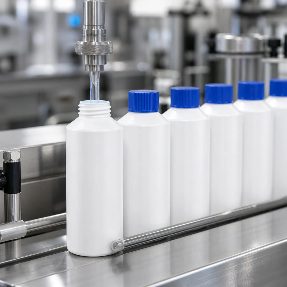 PET cilinderfles 100ml wit met schroefsluiting blauw Automatisch vullen van farmaceutische HDPE-flesjes van 100 ml in een moderne afvulinstallatie