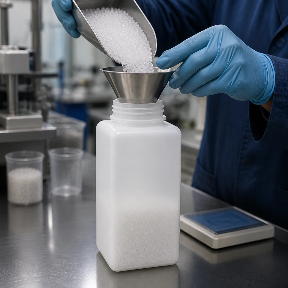 Chemicaliënfles 1500 ml, wijde hals, incl. sluiting GL 65 Chemicaliefles met brede hals, 1500 ml, PE-HD, naturel, op een roestvrijstalen laboratoriumtafel met weegschaal