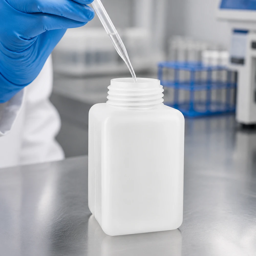 PE-HD-fles voor chemicaliën, 1000 ml, rechthoekig, met een blauwe handschoen in het laboratorium