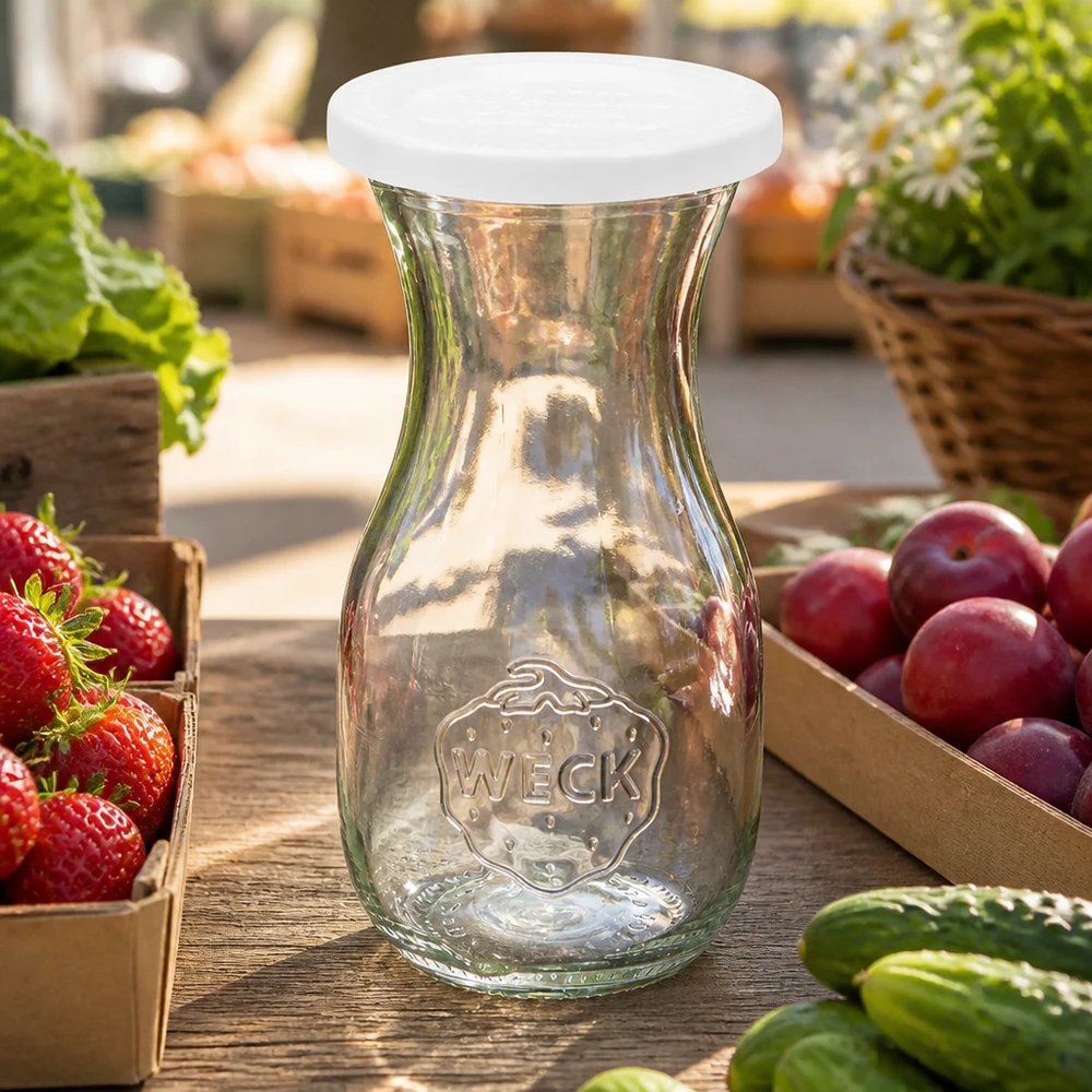 Sapfles van 290 ml met vershouddeksel WECK RR60 WECK sapfles 290ml met RR60 vershouddeksel gerangschikt tussen vers fruit en groenten op een rustieke houten tafel