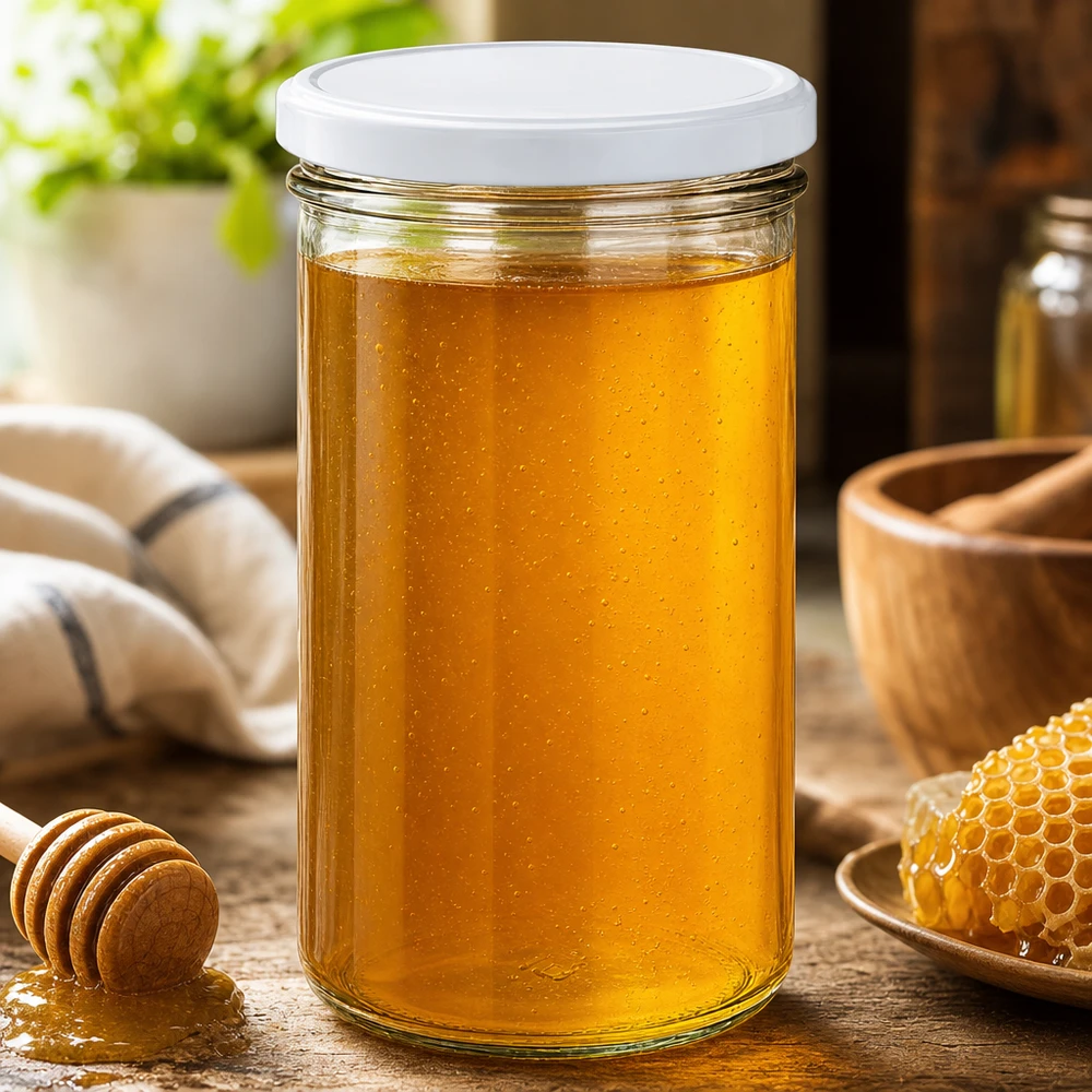 277ml mason jar met wit deksel gevuld met gouden honing - honingpot op een rustieke houten tafel met honingraten