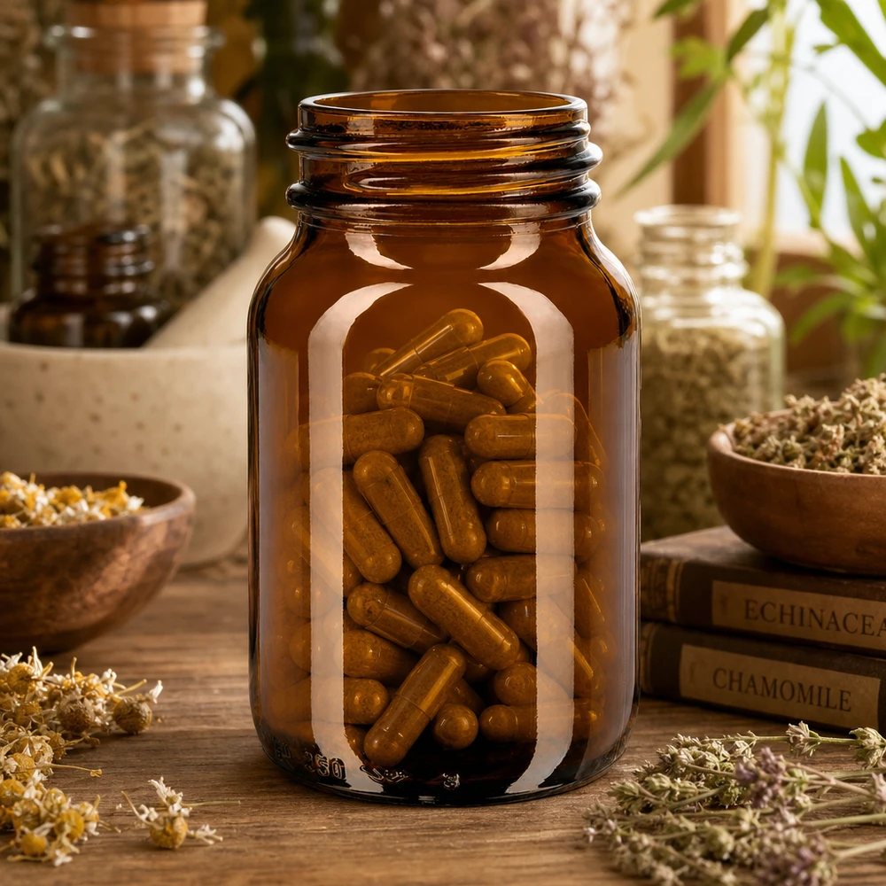 Robuuste amberkleurige glazen wijdhalsfles van 250 ml voor het veilig bewaren van voedingssupplementen