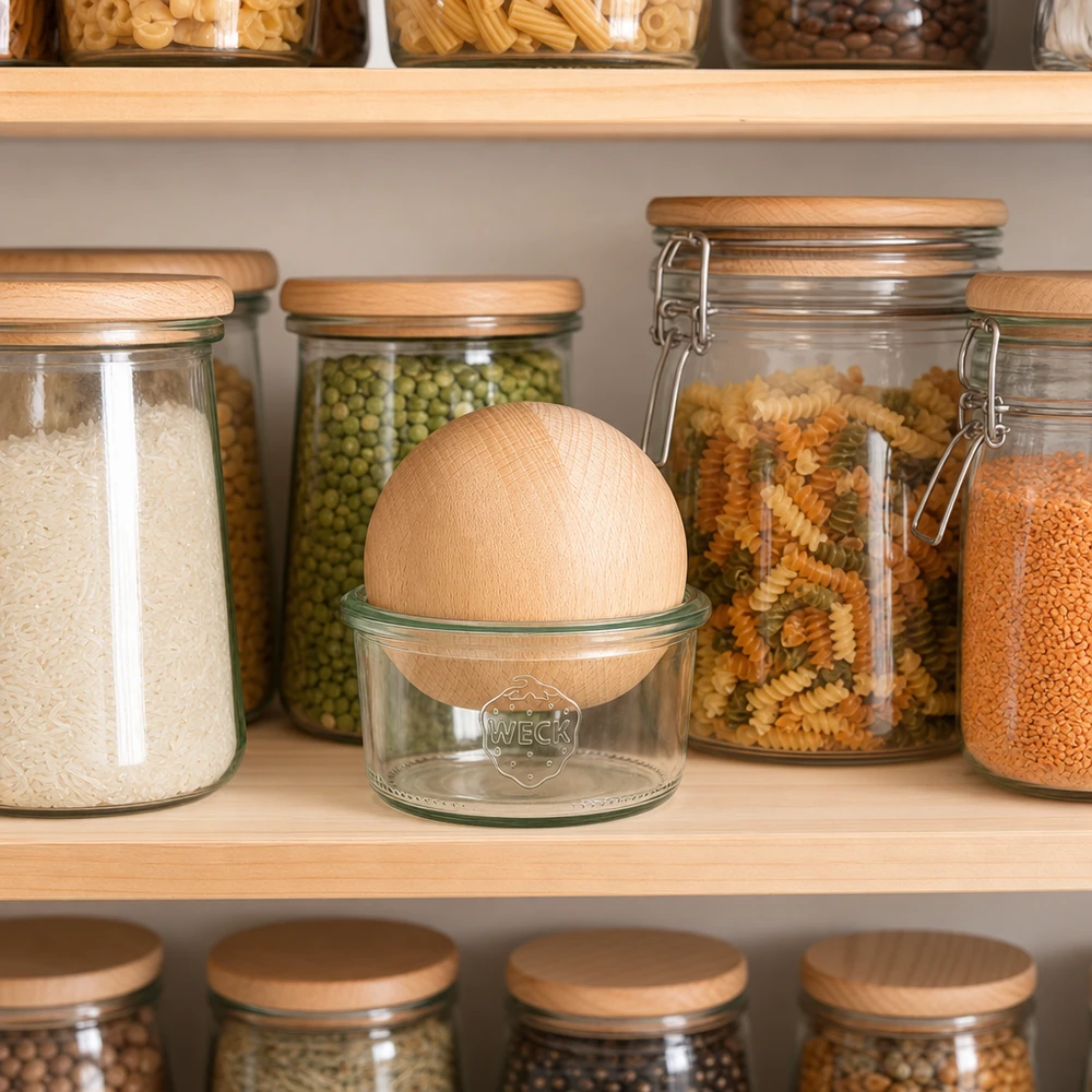 165ml stortglas WECK RR80 met houten bal WECK Sturzglas 165ml RR80 mit Buchenkugel im organisierten Vorratsschrank zwischen luftdichten Aufbewahrungsgläsern
