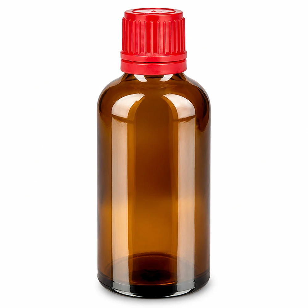 Rond 50ml flesje in klassiek amberkleurig glas met ergonomische rode dop
