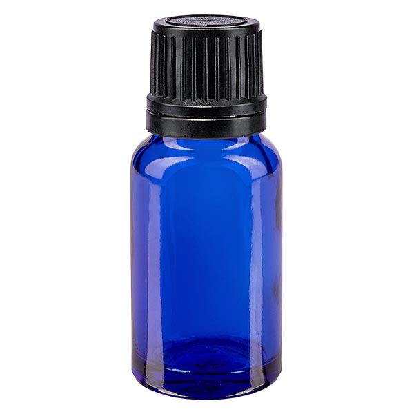 Blauwe glazen flessen 10ml met zwart druppelstop OV Blauwe glazen flessen 10ml met zwart druppelstop OV