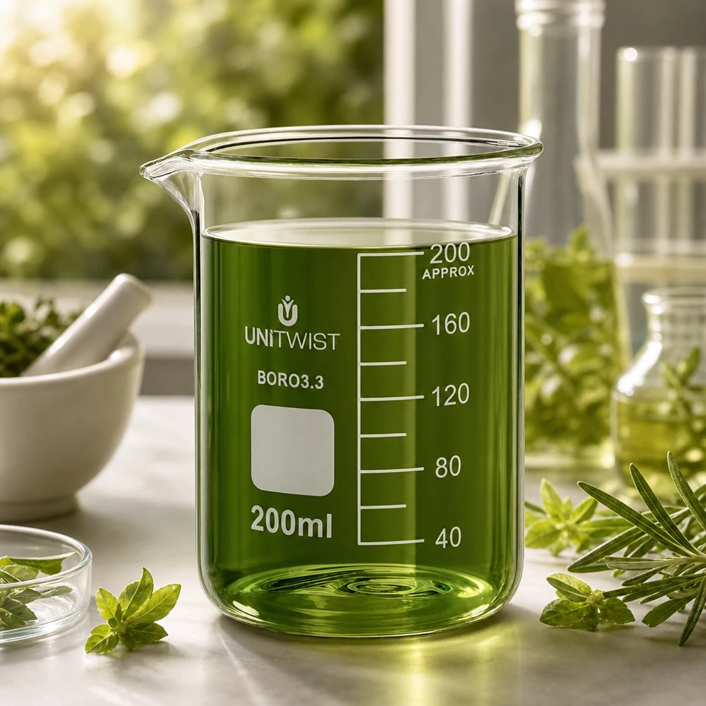 Beker 200ml borosilicaat, schimmelarm UNiTWIST Doorzichtig bekerglas van 200 ml met groene inhoud, naast een vijzel en verse kruiden voor natuurlijke toepassingen