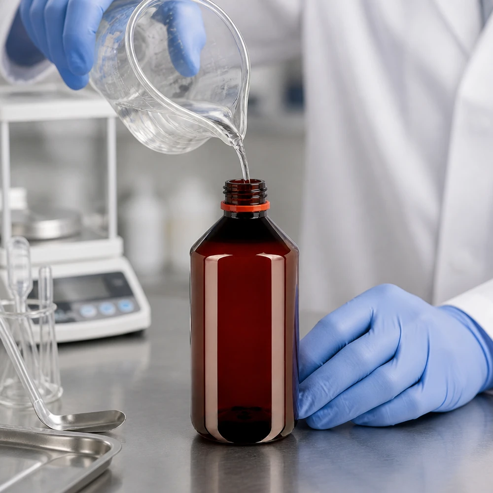 Het transparant vullen van een amberkleurige kunststof fles van 750 ml met OV-sluiting door laboratoriumpersoneel