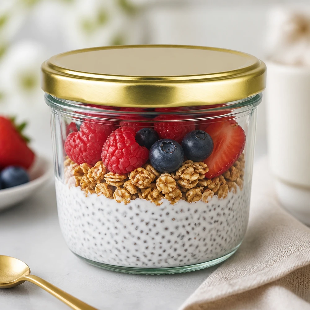 230 ml glazen pot met gouden deksel gevuld met chia pudding, noten en bessen als voorbeeld van gebruik
