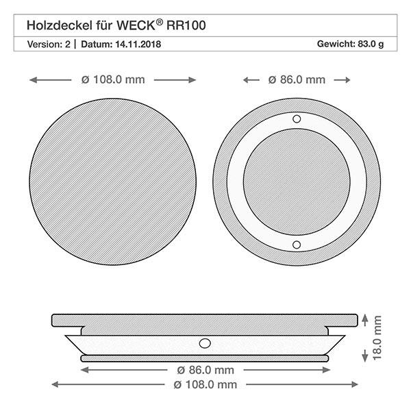 Houten deksel WECK RR100 Technische Zeichnung WECK RR100 Holzdeckel mit Maßangaben 108mm Durchmesser und 18mm Höhe für perfekte Passform