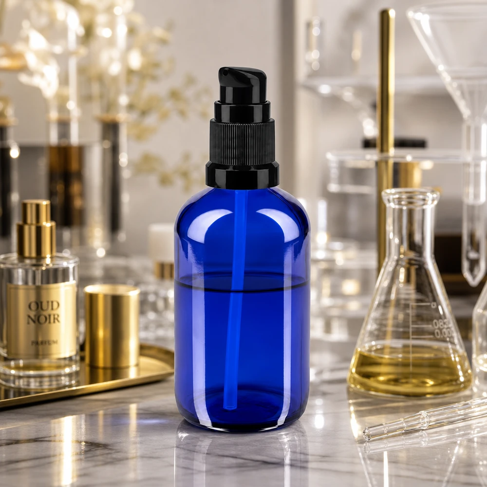 Cilindrische apothekersglasfles van 100 ml in kobaltblauw met zwarte pompkop voor cosmeticaproducten