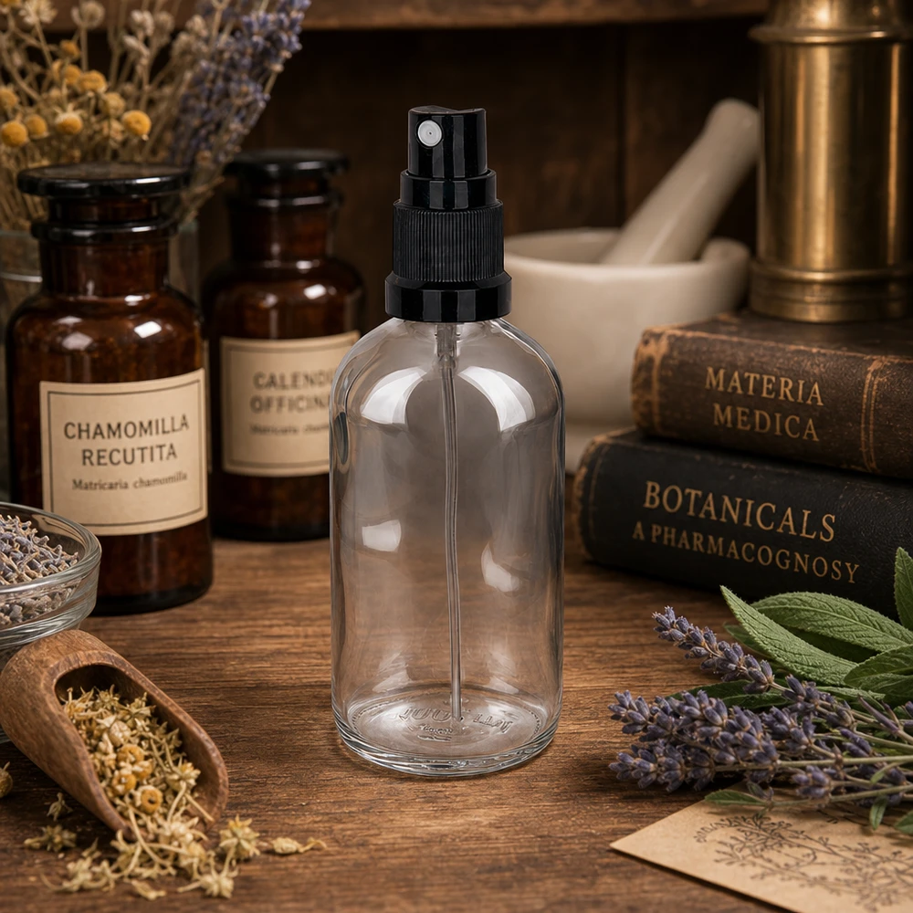 Apothekerssprayfles van 100 ml, helder glas met zwarte pompkop, tussen kruidenboeken en geneeskrachtige planten