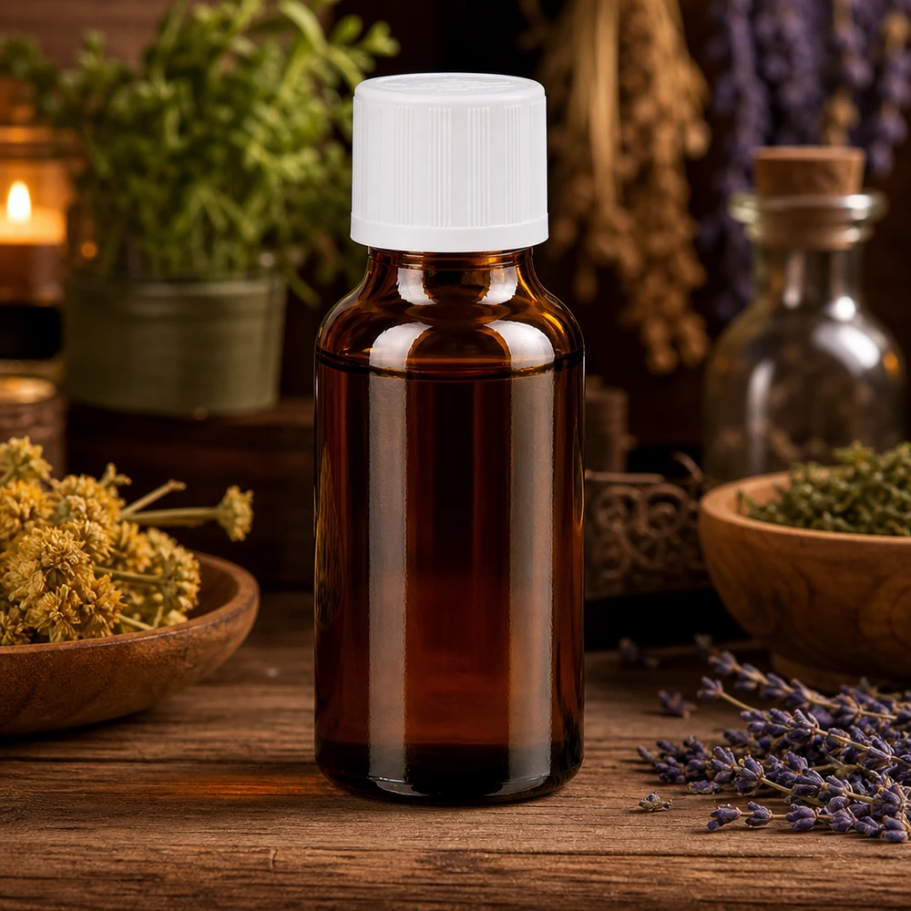 Compacte apothekersfles van 20 ml met originaliteitssluiting, wit, in een natuurlijke kruidensfeer