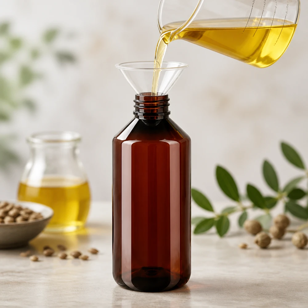 50 ml PET medicijnfles met verstuiver zwart GCMI 28/410 incl. dop transparant, standaard PET-fles van 1000 ml met smalle hals en OV-sluiting voor het veilig afvullen van oliën