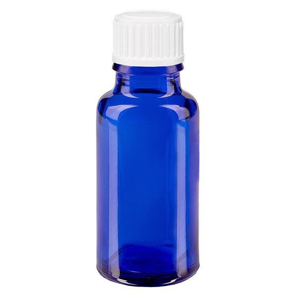 Blauwe glazen flessen 20ml met wit schroefsluiting globuli uitgietring St Blauwe glazen flessen 20ml met wit schroefsluiting globuli uitgietring St